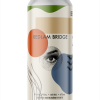 A single tall can of our Bedlam Bridge beer, the label has a textured image of a womans eye in the middle contained within a circle. Around the beige can are unique shapes with different muted colours.