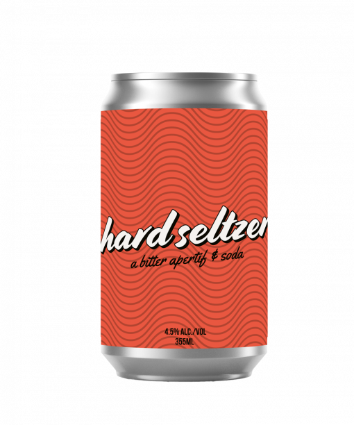 A short can of our hard seltzer apertif beverage. The label is a repeating pattern of waves all on a red green background.