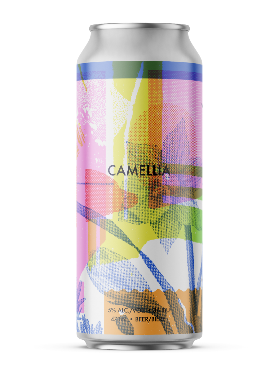 A single tall can of our Camellia beer, the label has a textured illustrated flower it looks screenprinted and faded over top shapes of colour and texture. Everything looks realistically planned and have the same style textures applied to them.