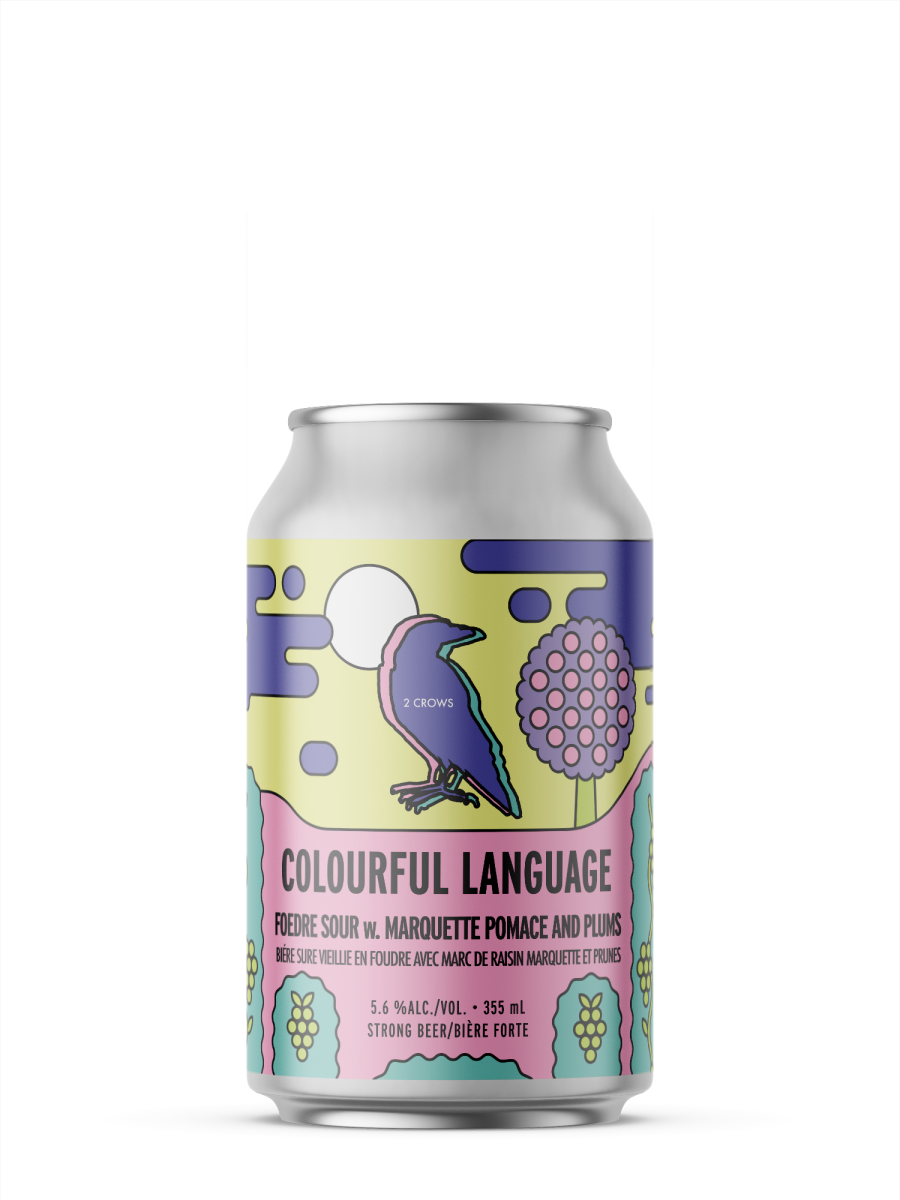 A single short can of our Colourful Language beer, the label is cotton candy coloured with pastel hues. The illustration on the can is that of clouds, trees and vegetation.