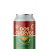 A single short can of our Dos Cuervos beer, the label is visually split in half, the top is red and the bottom is green. There's simplistic icons of a sun, moon and bird flying alongside the beer name in the middle.