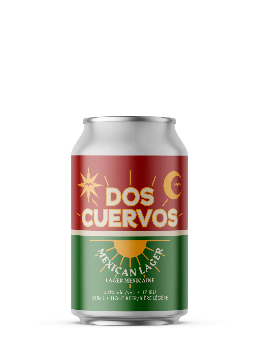 A single short can of our Dos Cuervos beer, the label is visually split in half, the top is red and the bottom is green. There's simplistic icons of a sun, moon and bird flying alongside the beer name in the middle.