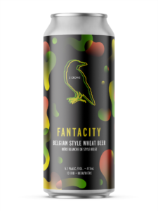 A single tall can of our Fantacity beer, the label is dark with blotchy shapes flying around the can alternating from orange to green colours merging in with the can's dark background.