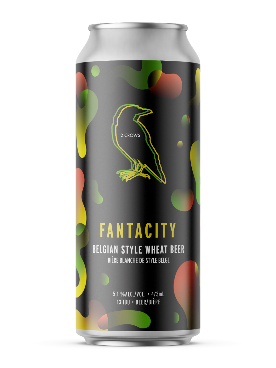 A single tall can of our Fantacity beer, the label is dark with blotchy shapes flying around the can alternating from orange to green colours merging in with the can's dark background.
