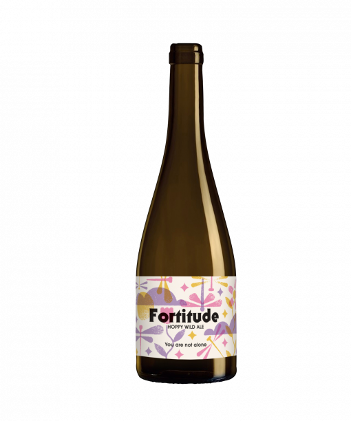 A single tall bottle our Fortitude beer, the bottle has a tall neck and the label has dragon flies, clouds and flowers as silhouette graphics. The colours are muted textured purples and pinks.