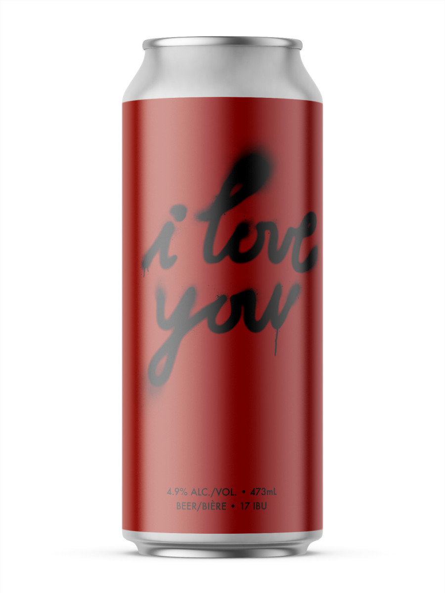 A single tall can of our I Love You beer, the label is red and has the name of the beer spray painted on the can with unsharp sprayed edges and drips.