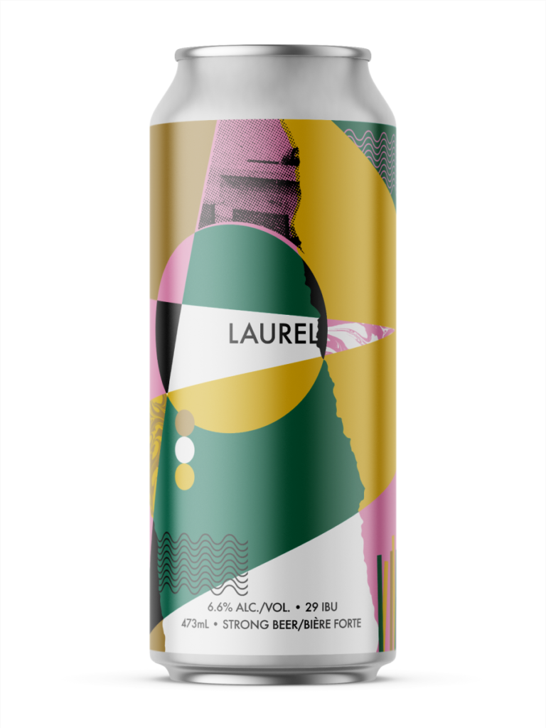 A single tall can of our Laurel beer, the label has overlapping shapes and colours intertwined with textured black and white images. It feels royal using deep greens, gold yellows and a pretty pink.