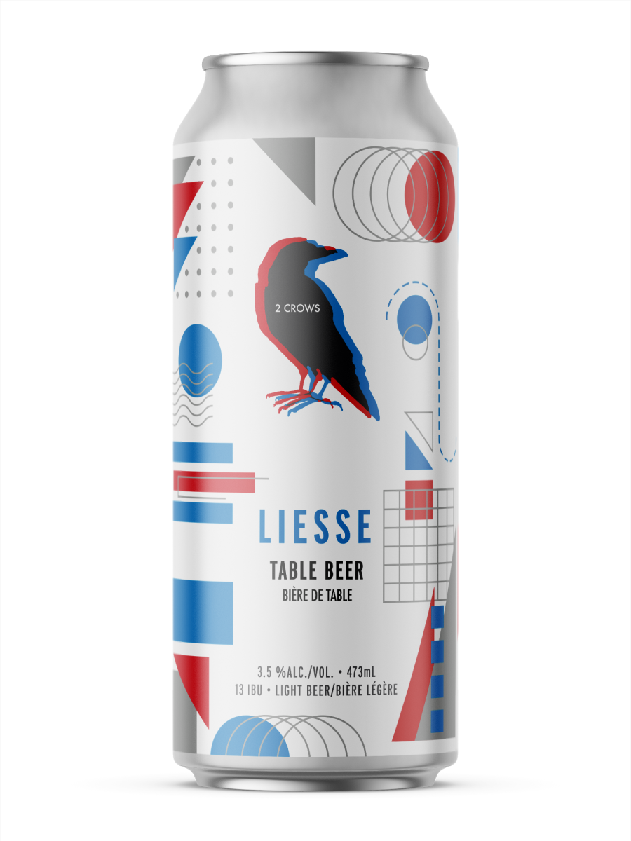 A single tall can of our Liesse beer, the label has straight forward shapes such as triangles, circles grids and waves. All overlapping in a unique but planned way. The can uses the 2crows iconic red and blue colours throughout.