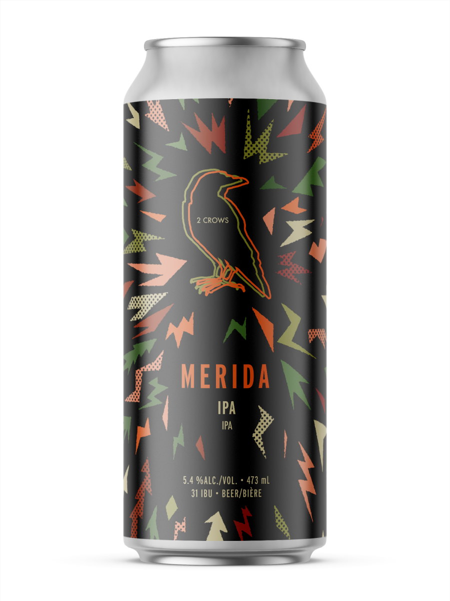 A single tall can of our Merida beer, the label is dark but has expressive sharp shapes of alternating textures and colours all drawing the eye to the centre with the logo and product information.