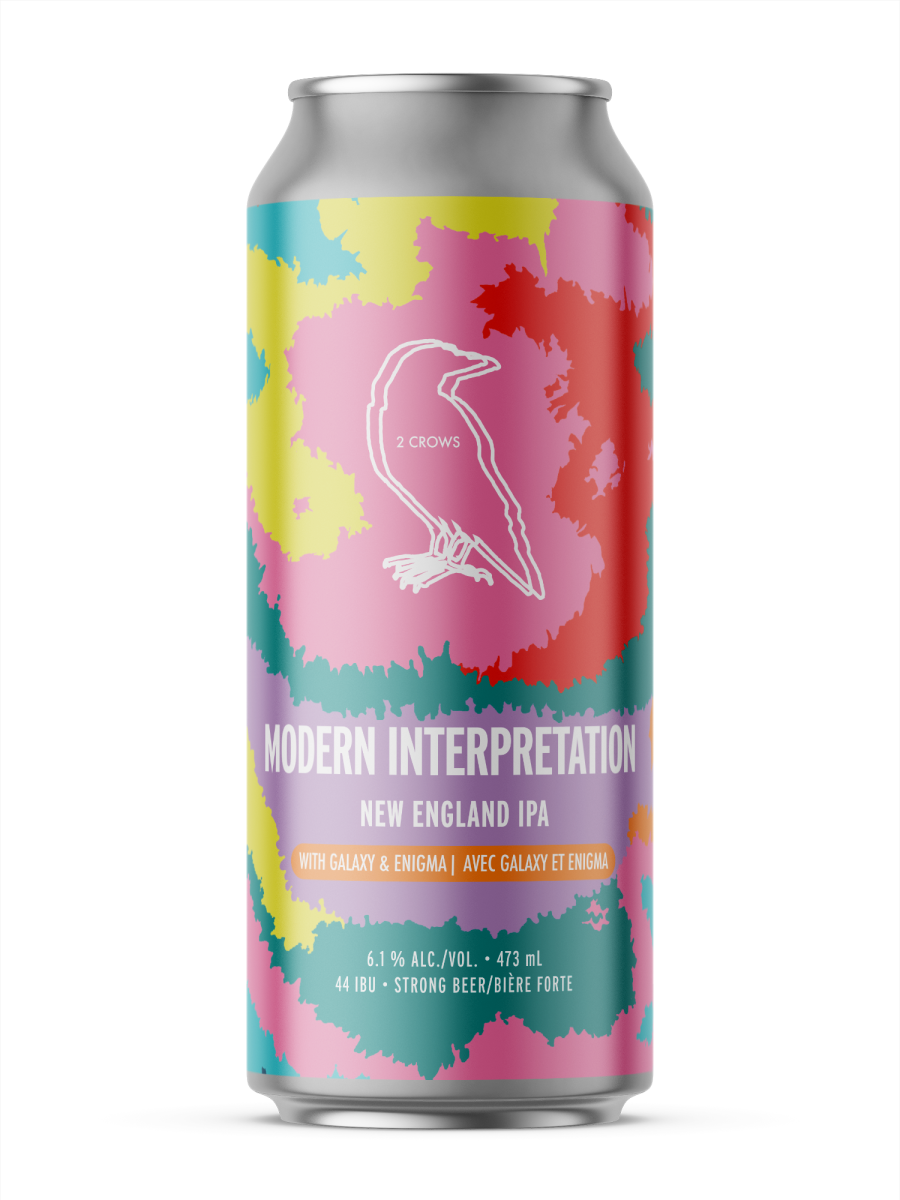 A single tall can of our Modern Interpretation beer, the can label is fuzzy colour blocks.