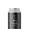 A single short can of our Primedus beer, the label is dark and through etched pencil texture there are clouds illustrated circling the logo with some lightning peeking through the clouds.