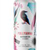 A single tall can of our Pollyanna beer, the label base is white and pink, blue and grey abstract shapes layer themselves on top of each other creating a dynamic wrap on the can.