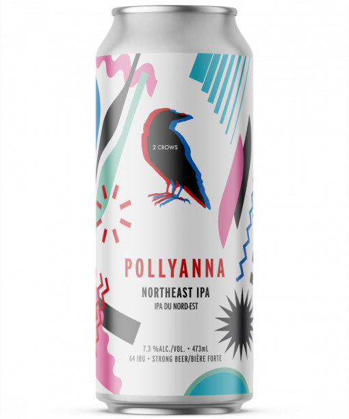 A single tall can of our Pollyanna beer, the label base is white and pink, blue and grey abstract shapes layer themselves on top of each other creating a dynamic wrap on the can.