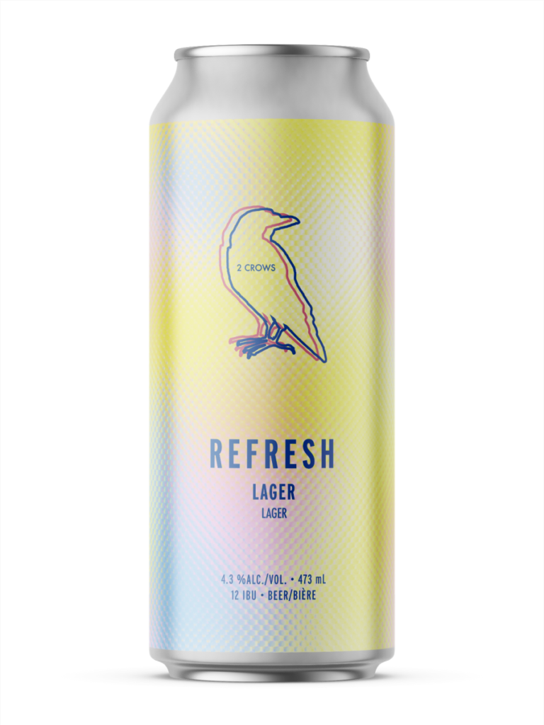 A single tall can of our Refresh beer, the label is soft and has a dot textured, the colours merge seamlessly between each other from pinks, blues and yellows.