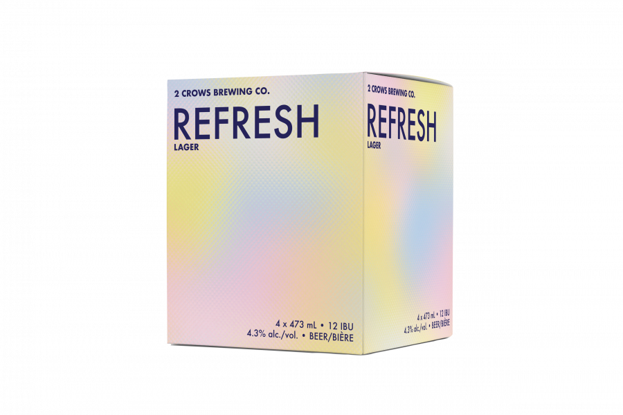 A box of our Refresh beer contains 4 473ml beers. The cardboard is the same graphic as that on the can, soft pinks blues and yellows merge into each other on a dotted texture.