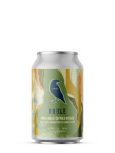 A single short can of our Roble beer, the label is forest inspired with swampy colour tones drifting through the can vertically in different liquid like flowing shapes.