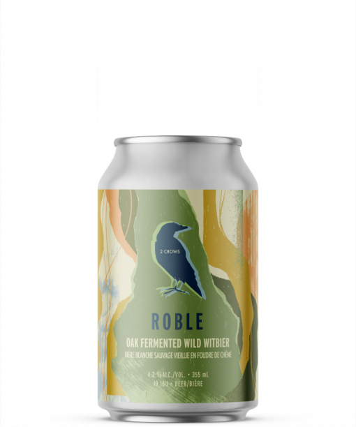A single short can of our Roble beer, the label is forest inspired with swampy colour tones drifting through the can vertically in different liquid like flowing shapes.