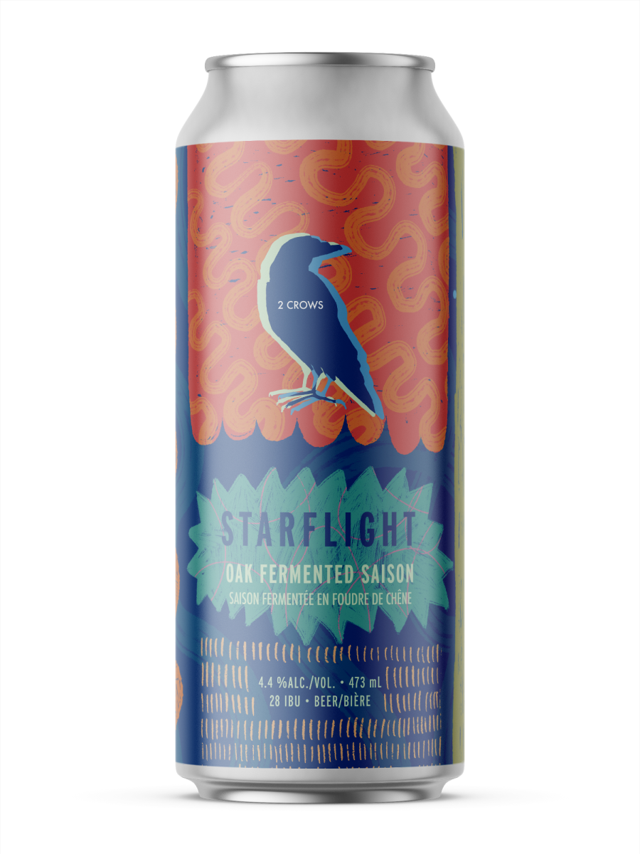 A single tall can of our Starflight beer, the label looks as if it was painted with textures brush strokes making up large shapes and patterns all over in a pink orange, layered blue and sunny yellow.