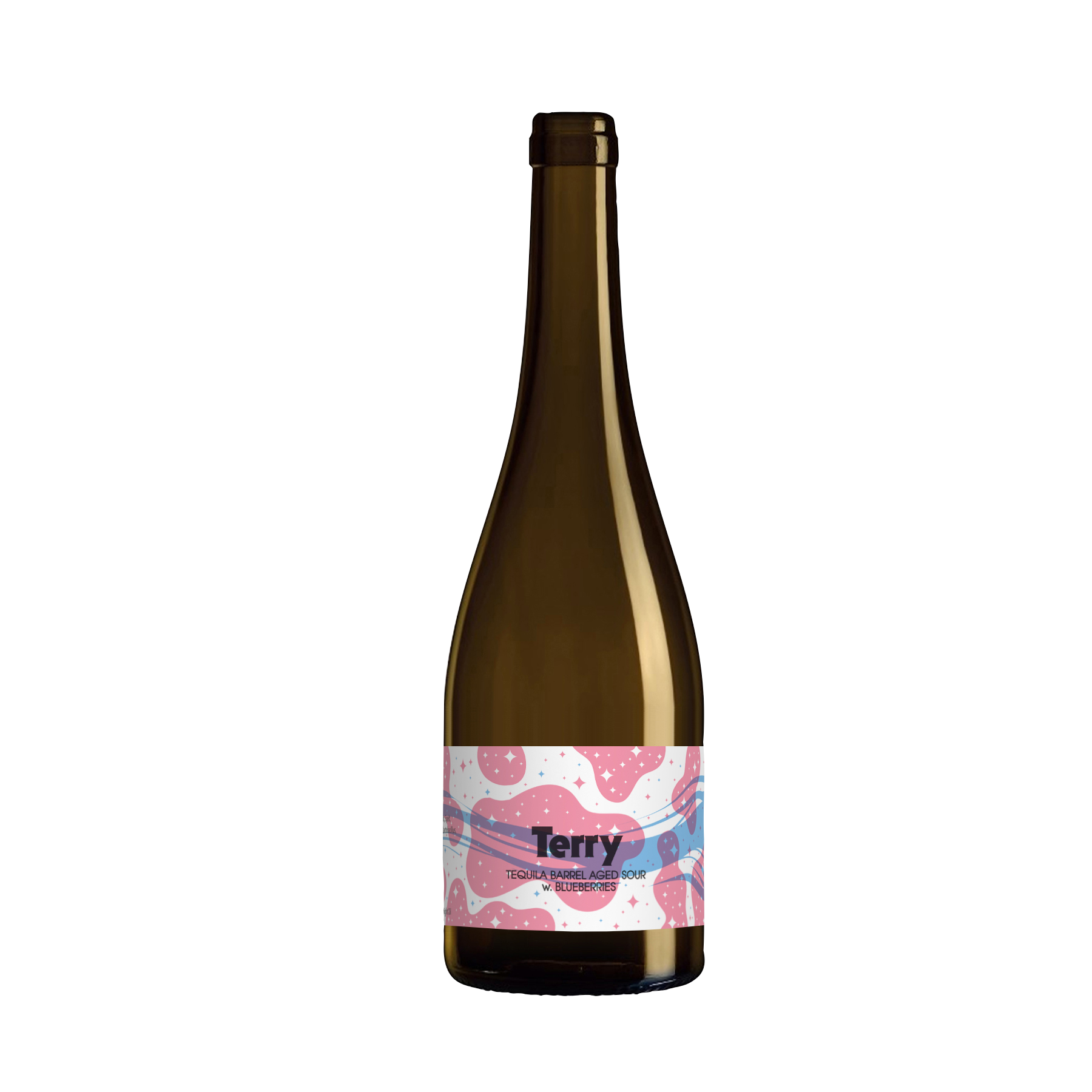 A single tall bottle our Terry beer, the bottle has a tall neck and the label has a blue stripe flying through pink abstract cloud shapes with an entire texture overtop of stars alternating white and pink.