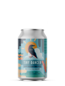 A single short can of our tiny Dancer beer, the label is loaded with abstract shapes, a sun, a cloud a grid, some leaves all are represented on top of a light blue turquoise can.