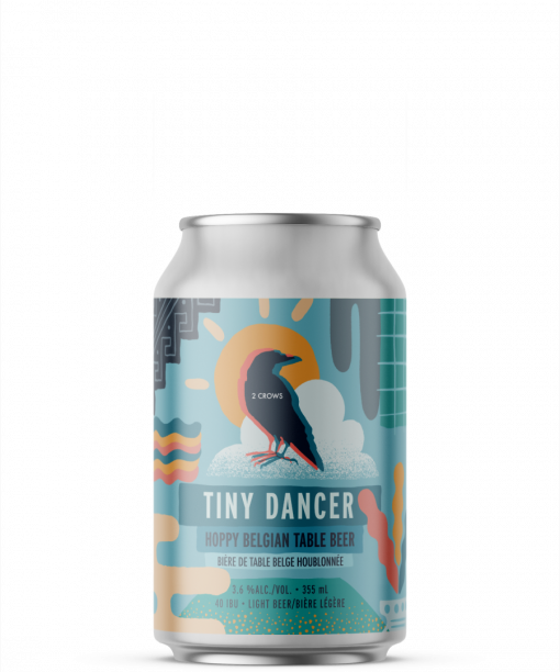 A single short can of our tiny Dancer beer, the label is loaded with abstract shapes, a sun, a cloud a grid, some leaves all are represented on top of a light blue turquoise can.