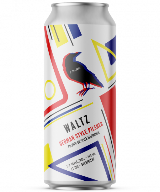 A single tall can of our Waltz beer, the label uses primary colours in shapes and lines.