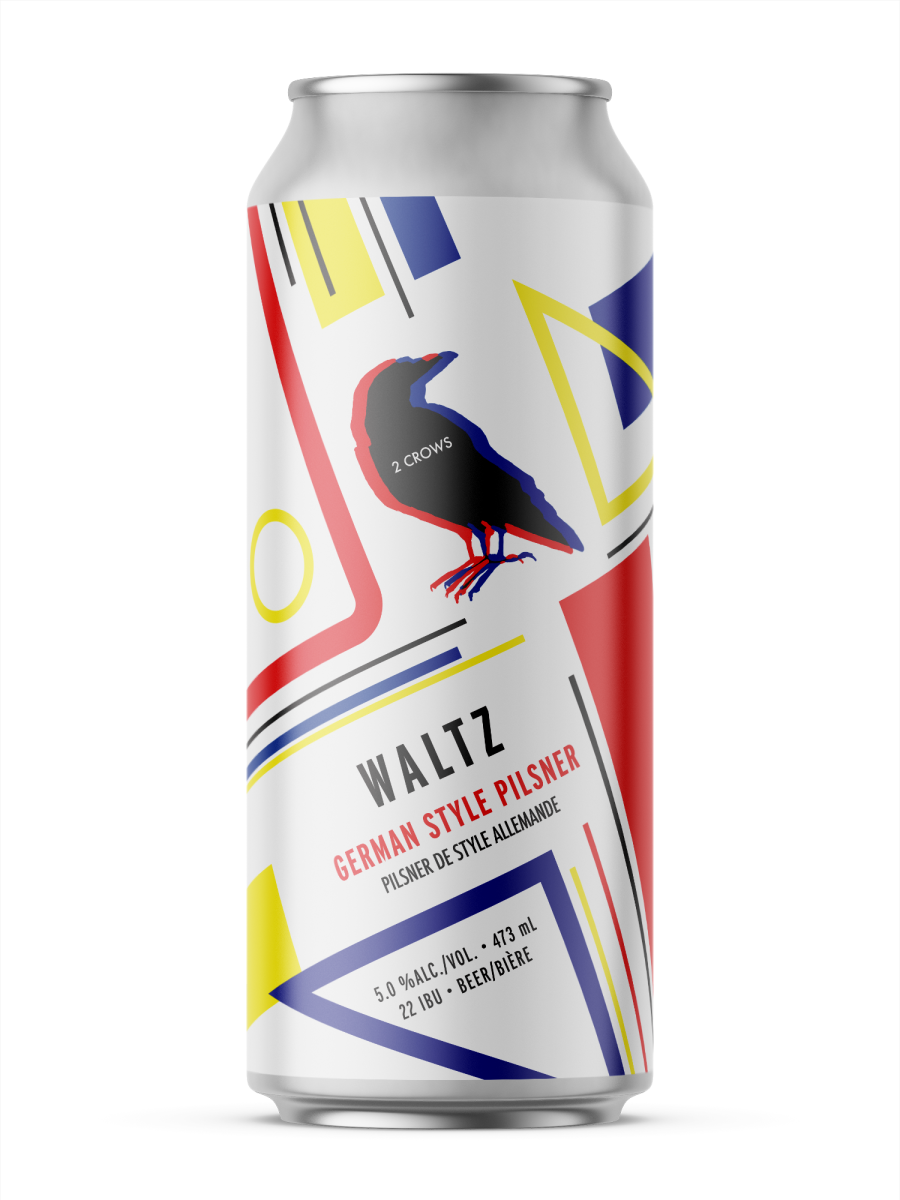 A single tall can of our Waltz beer, the label uses primary colours in shapes and lines.