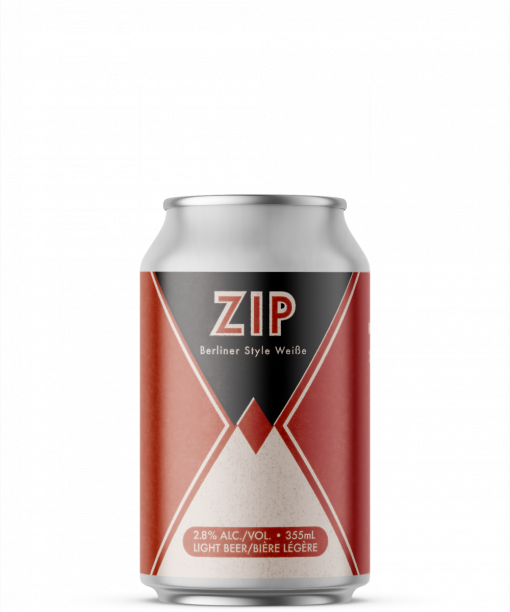 A single short can of our Zip beer, the label is art deco inspired with sharp pointed lines coming to meet in the middle landing on a diamond shape. The can has a texture adding levels to the reds, light pink and smokey black.