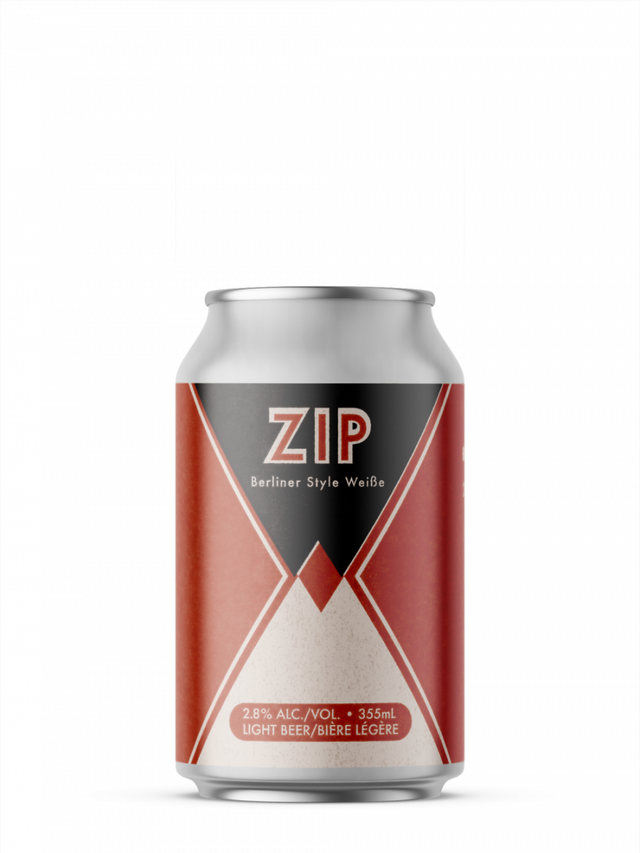 A single short can of our Zip beer, the label is art deco inspired with sharp pointed lines coming to meet in the middle landing on a diamond shape. The can has a texture adding levels to the reds, light pink and smokey black.